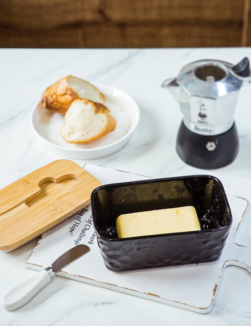 wtisan Butter Dish with Lid, Large Butter Dish for Countertop, Ceramic Butter Container with Knife Double Silicone Seal Unique Stone Butter Dishes with Covers for Farmhouse Kitchen Decor Home Decor Black - Image 5