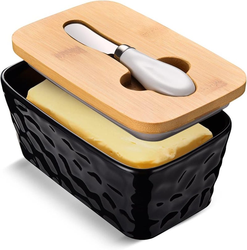 wtisan Butter Dish with Lid, Large Butter Dish for Countertop, Ceramic Butter Container with Knife Double Silicone Seal Unique Stone Butter Dishes with Covers for Farmhouse Kitchen Decor Home Decor Black - Image 1