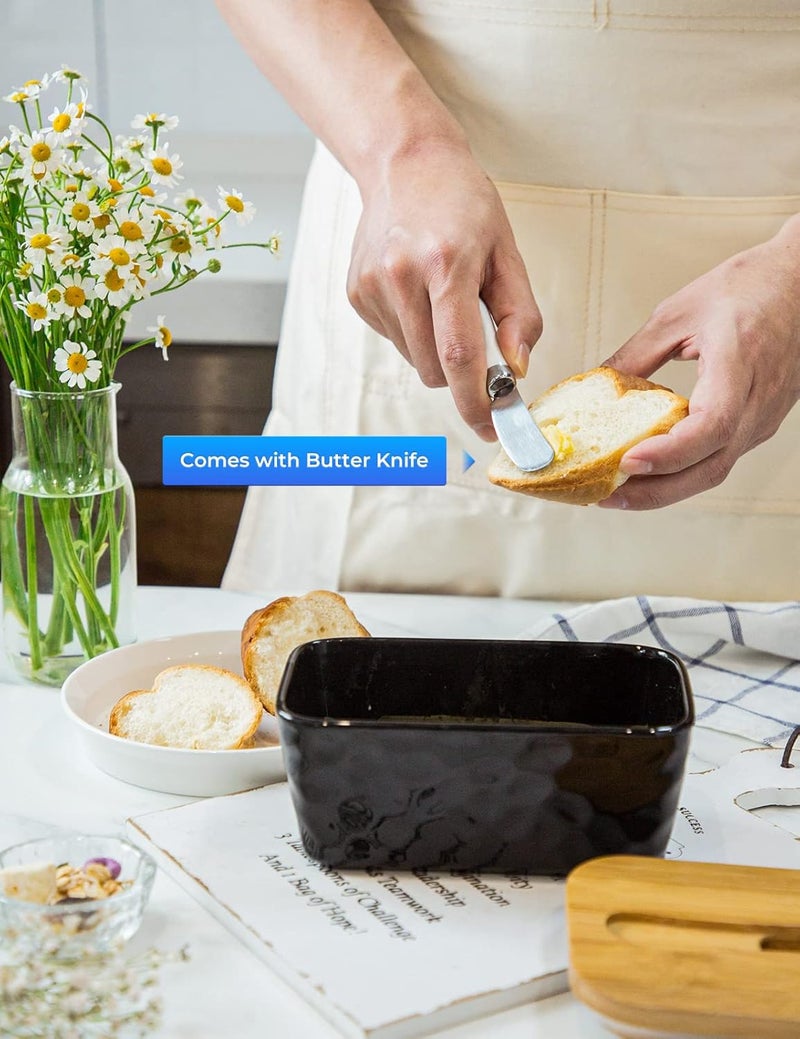 wtisan Butter Dish with Lid, Large Butter Dish for Countertop, Ceramic Butter Container with Knife Double Silicone Seal Unique Stone Butter Dishes with Covers for Farmhouse Kitchen Decor Home Decor Black - Image 4