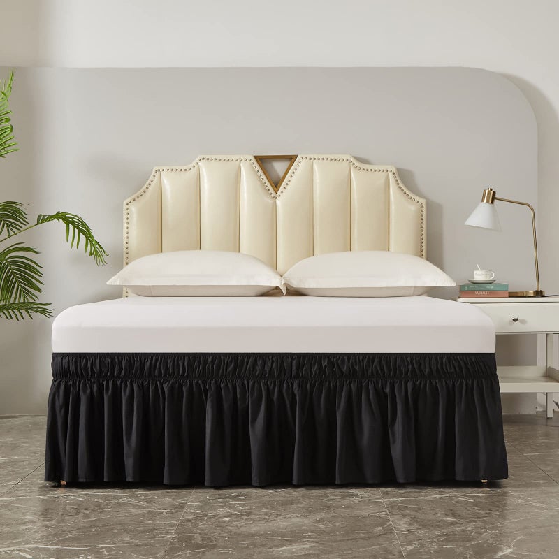 MEILA Wrap Around Bed Skirt Three Fabric Sides Elastic Dust Ruffled 16 Inch Tailored Drop,Easy to Install Fade Resistant-Black, Queen/King - Image 2