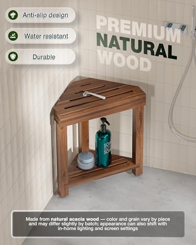 BLUEWEST Shower Foot Stool for Shaving Legs, Acacia Wood Bathroom Foot Rest, Stable Corner Step Stool for Inside Shower, Shower Bench, Compact for Small Shower Spaces (Walnut) - Image 3