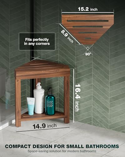 BLUEWEST Shower Foot Stool for Shaving Legs, Acacia Wood Bathroom Foot Rest, Stable Corner Step Stool for Inside Shower, Shower Bench, Compact for Small Shower Spaces (Walnut) - Image 2