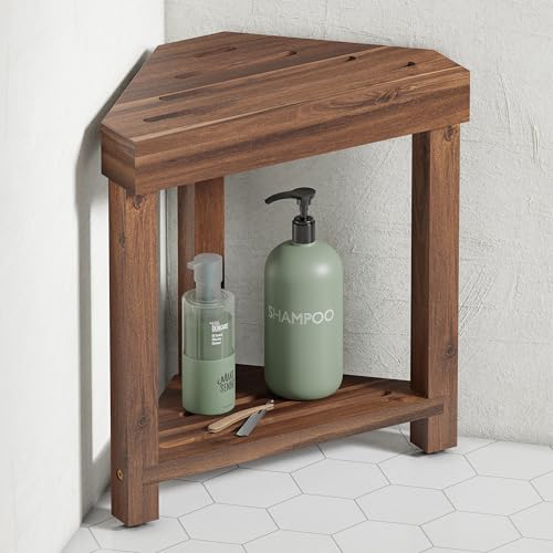 BLUEWEST Shower Foot Stool for Shaving Legs, Acacia Wood Bathroom Foot Rest, Stable Corner Step Stool for Inside Shower, Shower Bench, Compact for Small Shower Spaces (Walnut) - Image 1