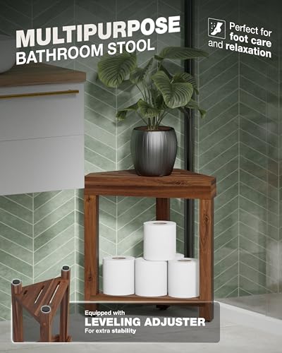 BLUEWEST Shower Foot Stool for Shaving Legs, Acacia Wood Bathroom Foot Rest, Stable Corner Step Stool for Inside Shower, Shower Bench, Compact for Small Shower Spaces (Walnut) - Image 5
