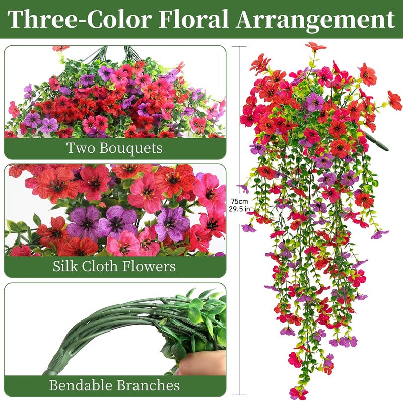 ColoPlay Artificial Hanging Flowers for Outdoors Faux Plants, 2PCS Artificial Outdoor Flowers for Spring Decor, UV Resistan Realistic Daisy Fake Hanging Plants for Indoor Planter Garden Porch(Tri-Color Red Mix - Image 2