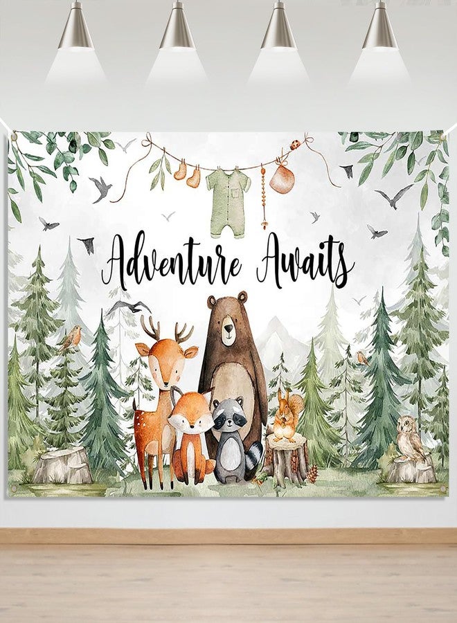 Mocsicka Adventure Awaits Banner Backdrop Woodland Baby Shower Party Decorations Retro Forest Cute Cartoon Animals Photography Background Photo Booth Props - Image 1