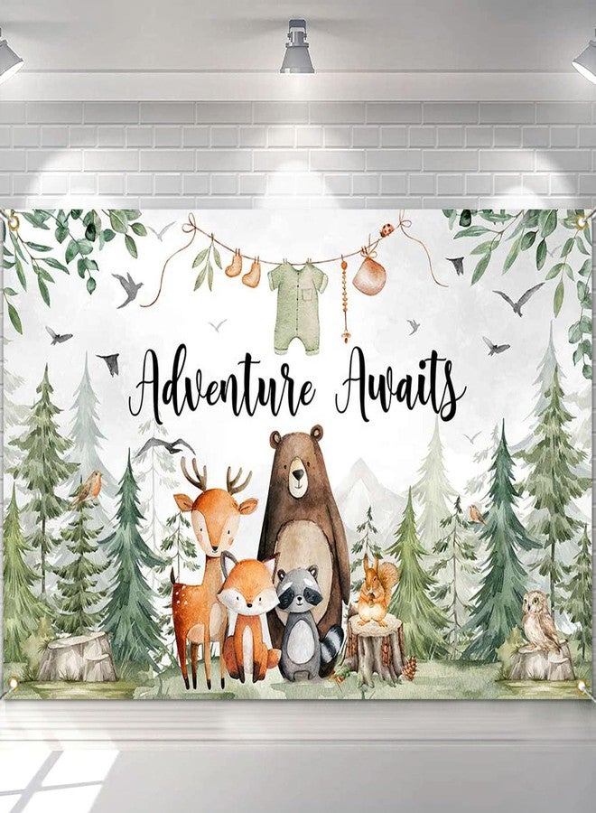 Mocsicka Adventure Awaits Banner Backdrop Woodland Baby Shower Party Decorations Retro Forest Cute Cartoon Animals Photography Background Photo Booth Props - Image 4