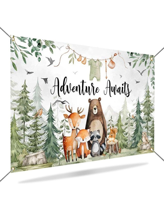 Mocsicka Adventure Awaits Banner Backdrop Woodland Baby Shower Party Decorations Retro Forest Cute Cartoon Animals Photography Background Photo Booth Props - Image 5