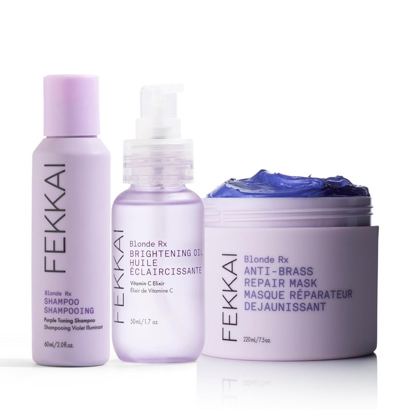 FEKKAI Blonde RX 3-Step System Bundle - Includes Blonde RX Purple Shampoo (2 oz), Purple Mask (7.5 oz) + Brightening Oil (1.7 oz) - Free of Sulfates, Parabens, Phthalates - Vegan, Cruelty-Free