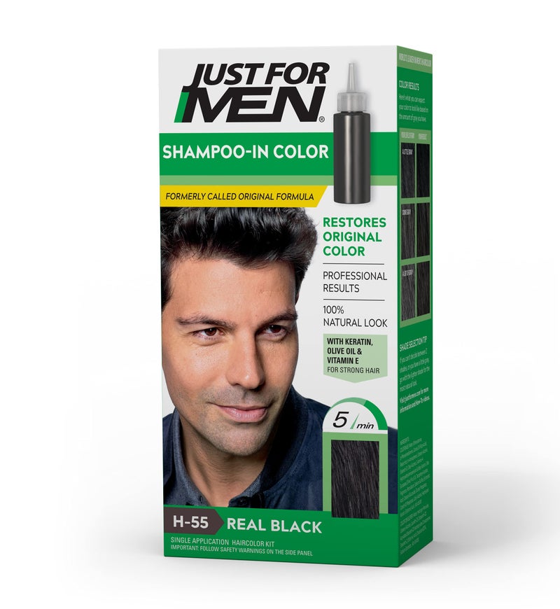 Just For Men Shampoo-In Color (Formerly Original Formula), Mens Hair Color with Keratin and Vitamin E for Stronger Hair - Real Black, H-55, Pack of 1 - Image 1