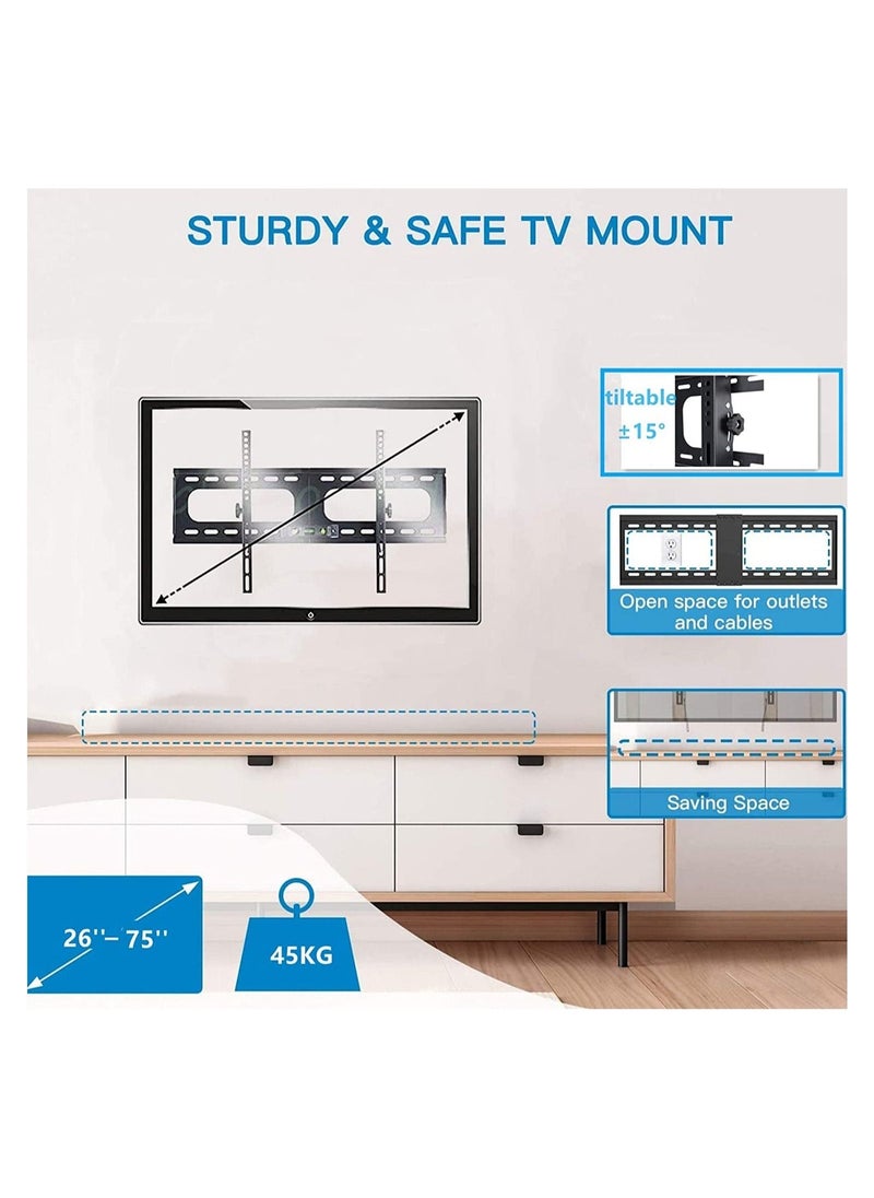 ELTRAZONE حامل تلفاز ثابت للجدار بحجم 26" - 75"، حامل تلفاز عالمي قابل للإمالة، حامل تلفاز ثقيل الوزن قابل للتعديل لتلفزيونات LED وLCD وOLED وPlasma بسعة وزن تصل إلى 50 كجم ومعايير VESA تصل إلى 700 x 400 - Image 2