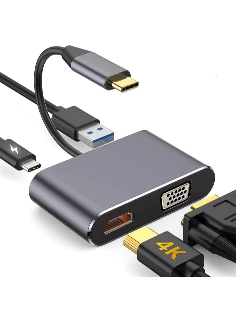محول موزع USB C 4 في 1 USB C Hub USB VGA من النوع C مع 4K HDMI و1080P VGA وUSB 3.0 وPD 3.0، لـ Nintendo Switch وMacBook MacBook/MacBook Pro/Galaxy Note 9/S9/S8/Huawei P20 وأجهزة USB C الأخرى - Image 1
