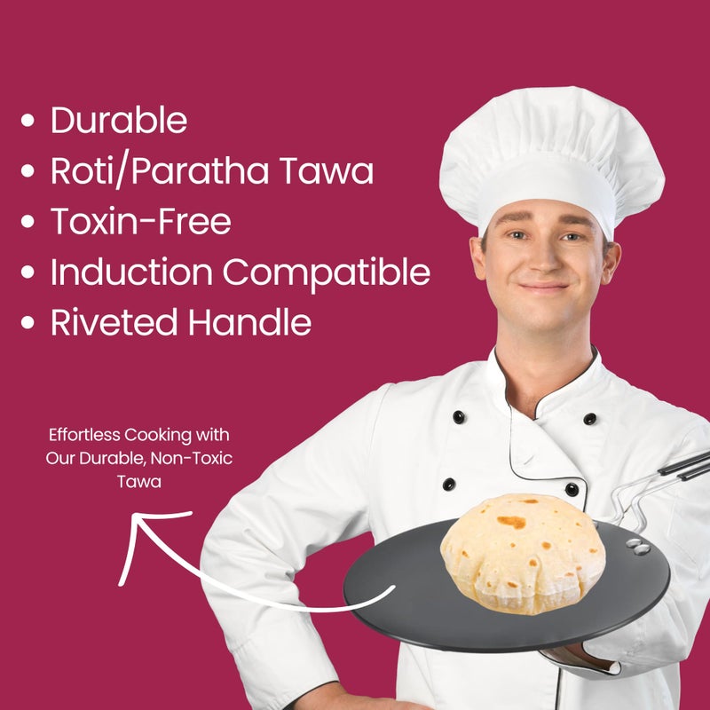 Amanda طاسة أماندا المصنوعة من الألمنيوم المؤكسد الصلب 28 سم | بسماكة 4 مم | طاسة غير لاصقة للروتي/باراثا | مقبض مثبت، مقاومة للخدوش، خالية من السموم | متوافقة مع الغاز والطهي بالحث | أواني طهي متينة مع ضمان لمدة سنة - Image 4