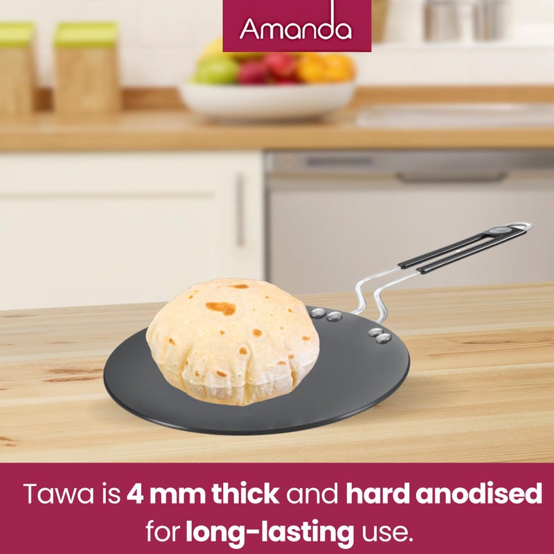 Amanda طاسة أماندا المصنوعة من الألمنيوم المؤكسد الصلب 28 سم | بسماكة 4 مم | طاسة غير لاصقة للروتي/باراثا | مقبض مثبت، مقاومة للخدوش، خالية من السموم | متوافقة مع الغاز والطهي بالحث | أواني طهي متينة مع ضمان لمدة سنة - Image 2