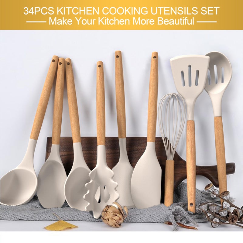 CACOLES Silicone Cooking Utensils Set 43Pcs Non-Stick Heat Resistant Kitchen Utensils Spatula Set With Wooden Handle For Baking Cooking And Mixing Best Kitchen Gadgets Tools With Holder (Khaki) - Image 2