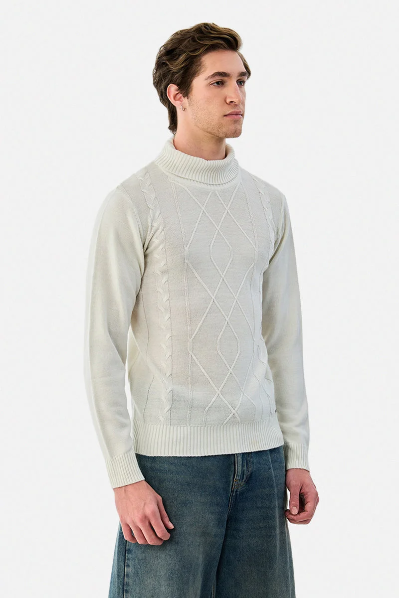 Snitch Off White 100% Acrylic Cable Knit High Neck Sweater for Men | Best Price UAE
