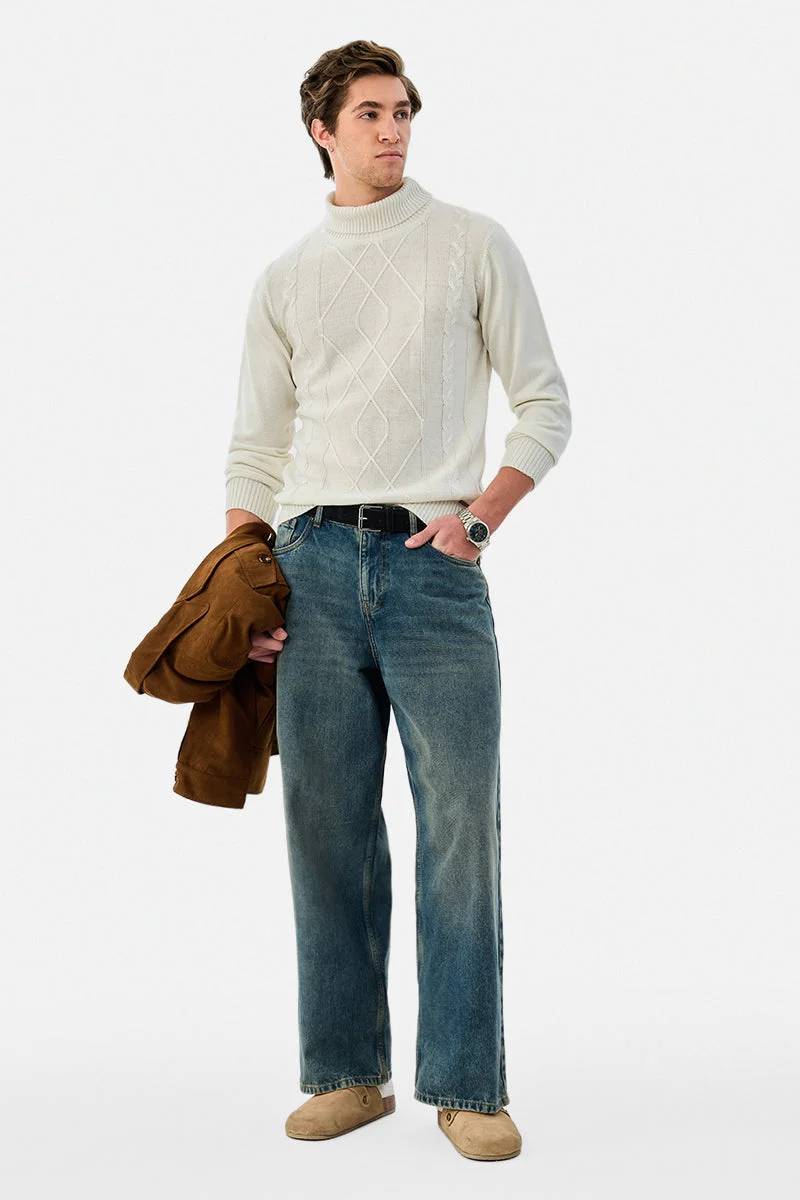 سنيتش كنزة صوفية محبوكة بياقة عالية من الأكريليك بنسبة %