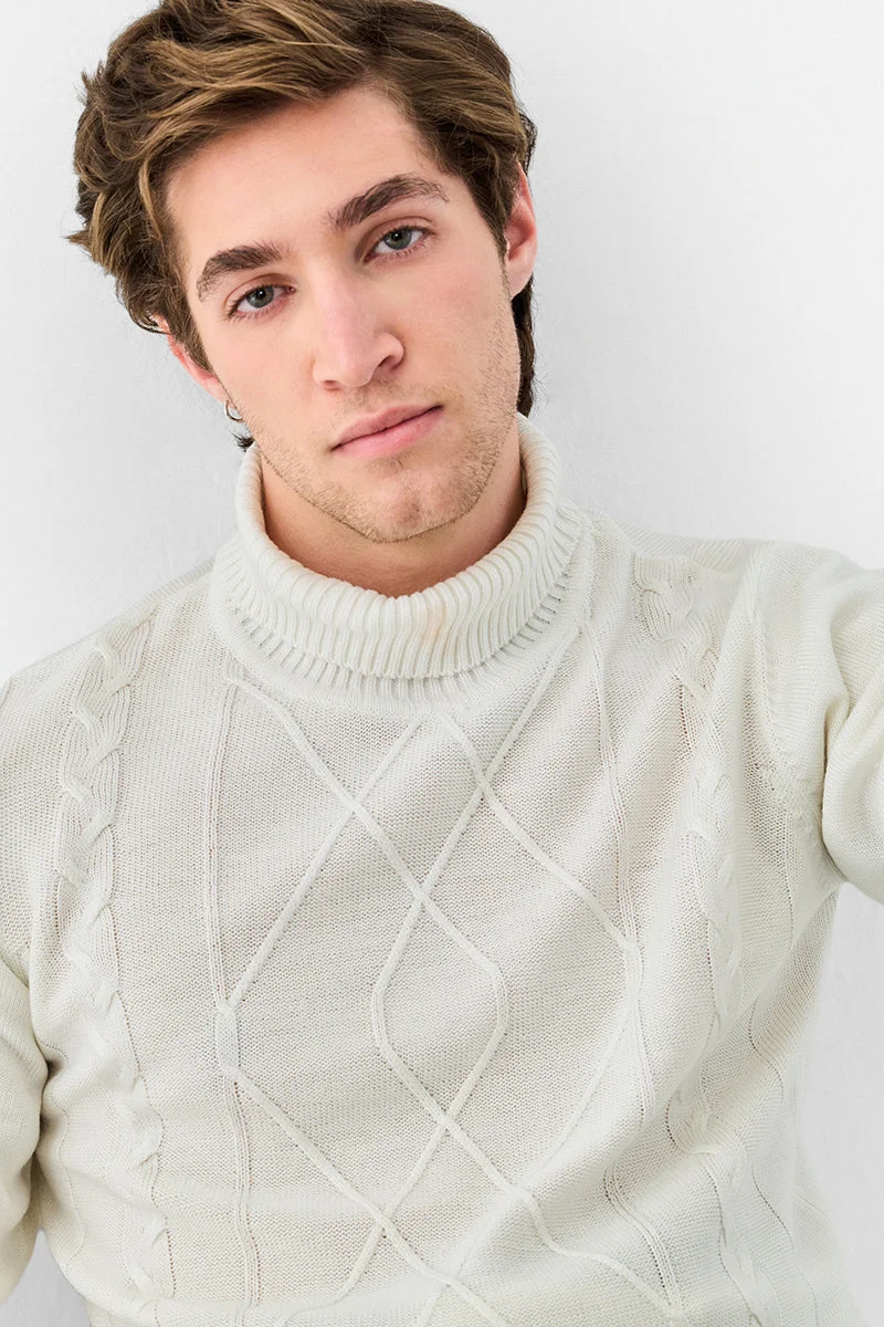 Snitch Off White 100% Acrylic Cable Knit High Neck Sweater for Men | Best Price UAE