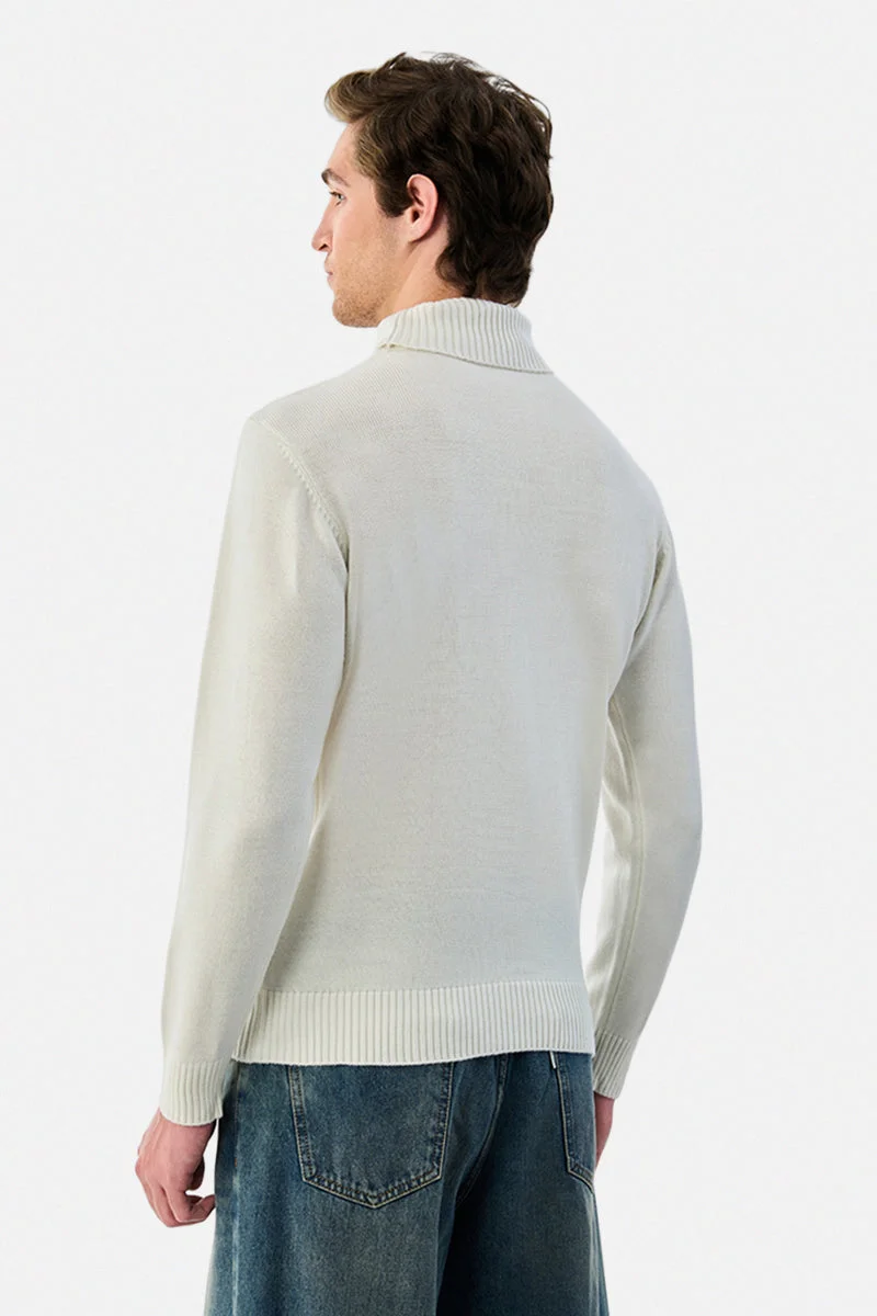 Snitch Off White 100% Acrylic Cable Knit High Neck Sweater for Men | Best Price UAE