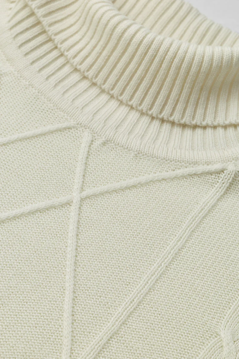 Snitch Off White 100% Acrylic Cable Knit High Neck Sweater for Men | Best Price UAE