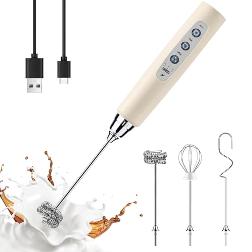 YUSWKO Beige Handheld Milk Frother Wand for Coffee Rechargeable Electric Whisk with 3 Heads 3 Speeds Drink Mixer Coffee Frother For Latte Cappuccino Hot Chocolate Egg