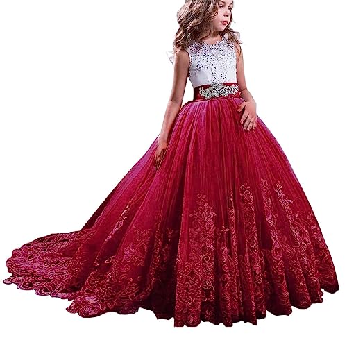 NNJXD Girls Princess Pageant Dress Kids Prom Ball Gowns Wedding Party Flower Dresses (7-8 Years, Red 4) - Image 1