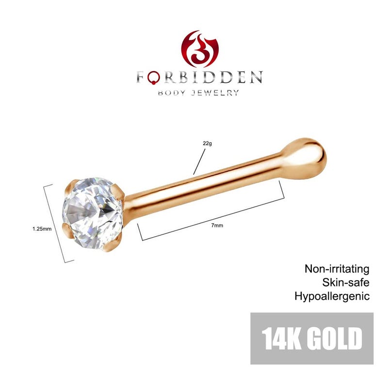 Forbidden Body Jewelry FBJ 14k Rose Gold Nose Ring, 22g, Solid 7mm Micro Stud, 1.25mm CZ Simulated Diamond, Non-Irritating Skin Safe Real Gold, Women/Men (Sold Individually) - Image 2