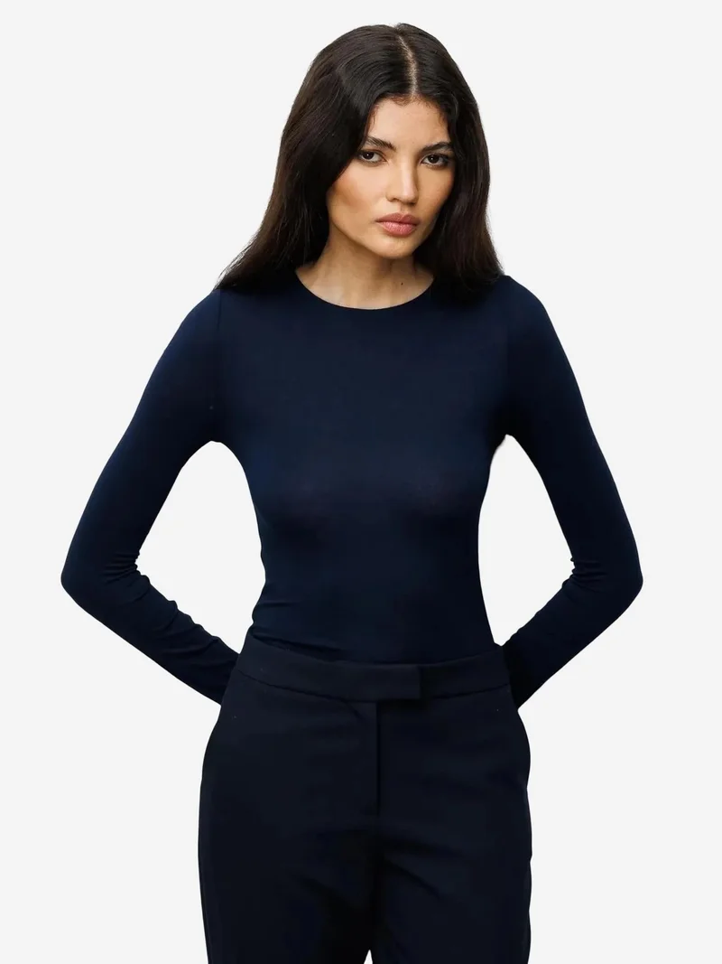 MixRay MIXRAY Slim Fit Long Sleeve Crew Neck Blouse