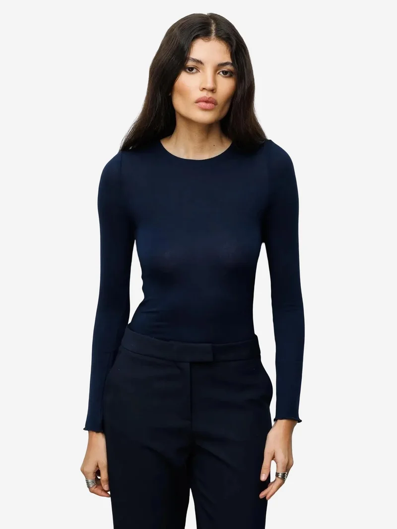 Mixray Navy Blue MIXRAY Slim Fit Long Sleeve Crew Neck Blouse for Women | Best Price UAE