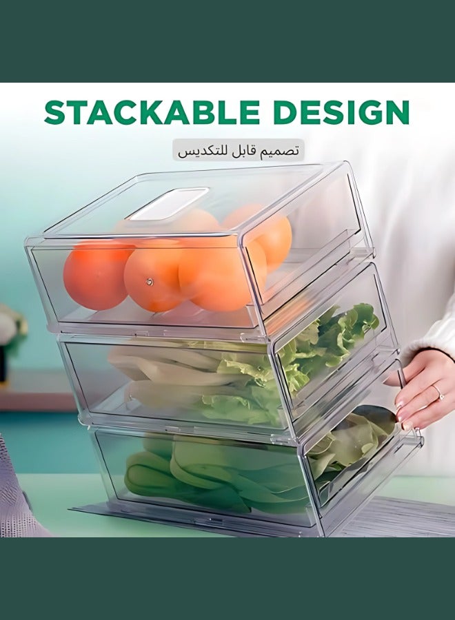 منظم مطبخ لتخزين الطعام في الثلاجة، صندوق ثلاجة قابل للتكديس، حاوية طعام قابلة للسحب مع صمامات تصريف سفلية للفريزر والمطبخ والحمام والثلاجة، منزلية خالية من (BPA). (متوسط الحجم)