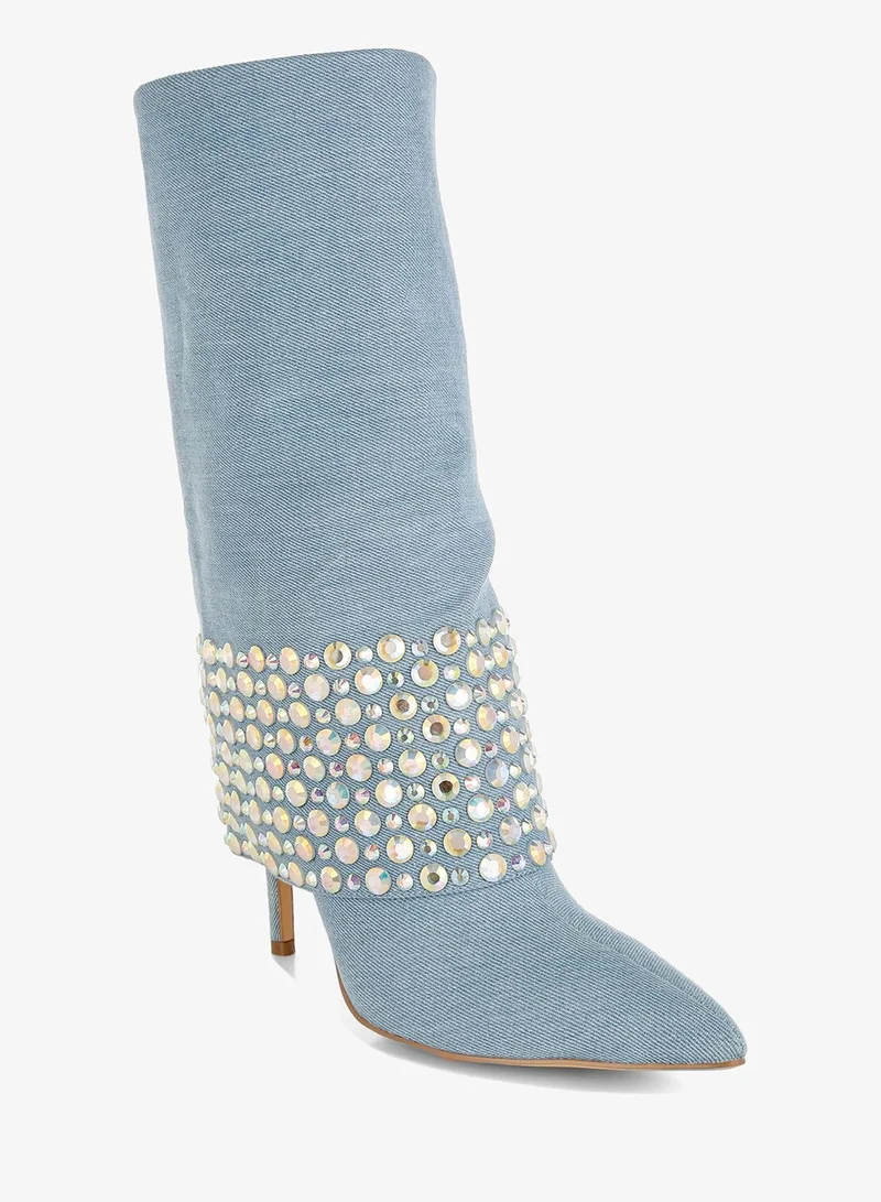 London Rag Diamante & Rhinestones Denim Boots in Blue