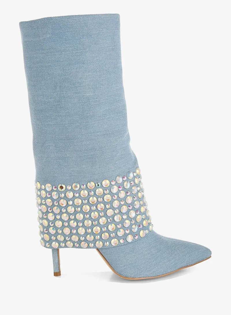 Diamante & Rhinestones Denim Boots in Blue