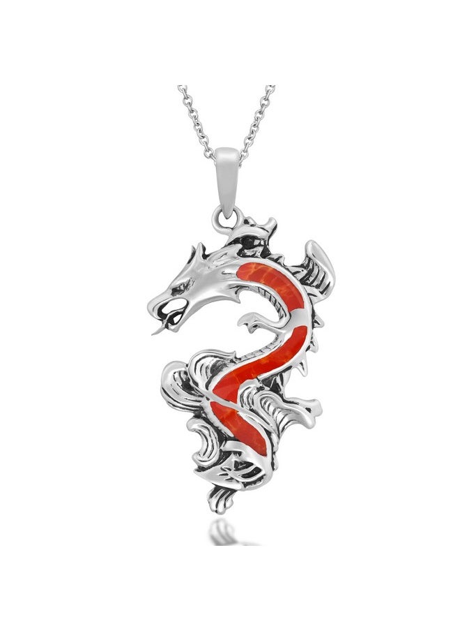 AeraVida - Majestic And Powerful Asian Inspired Dragon .925 Sterling Silver Pendant With Reconstructed Red Coral Inlays Good Luck Symbol Chain Necklace - Image 1