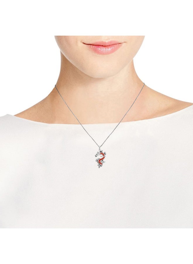 AeraVida - Majestic And Powerful Asian Inspired Dragon .925 Sterling Silver Pendant With Reconstructed Red Coral Inlays Good Luck Symbol Chain Necklace - Image 1