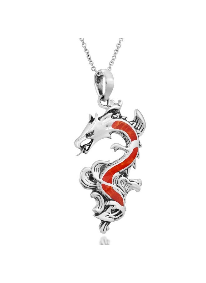 AeraVida - Majestic And Powerful Asian Inspired Dragon .925 Sterling Silver Pendant With Reconstructed Red Coral Inlays Good Luck Symbol Chain Necklace - Image 1