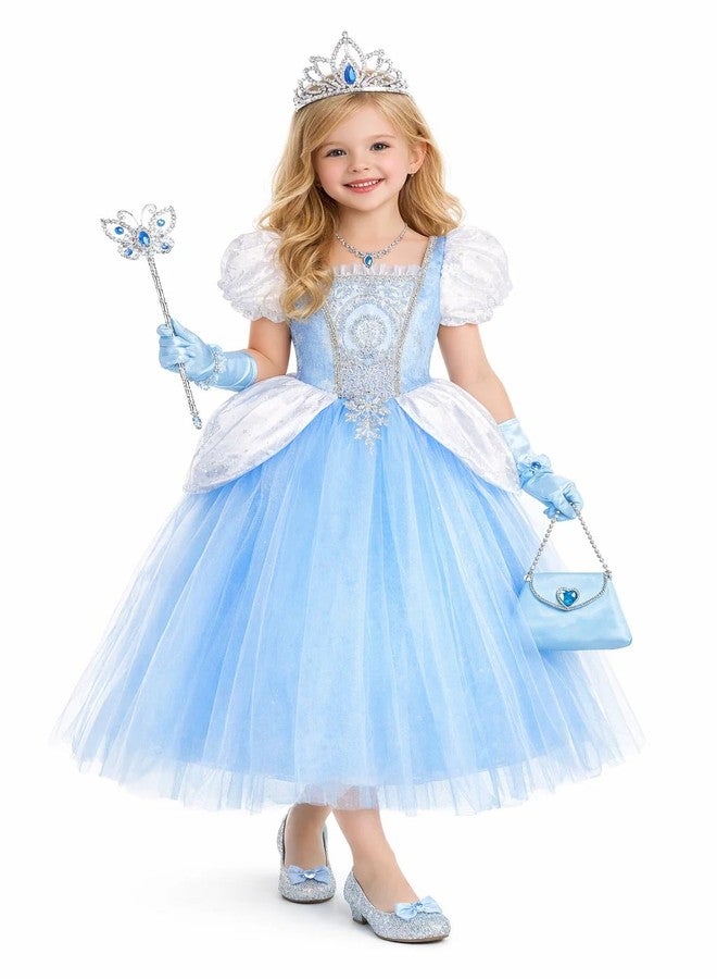 CQDY Princess Cinderella Dress for Girls Blue Puff Sleeve Costume Outfit Dress Up Clothes for Party Halloween Christmas Birthday - Image 2