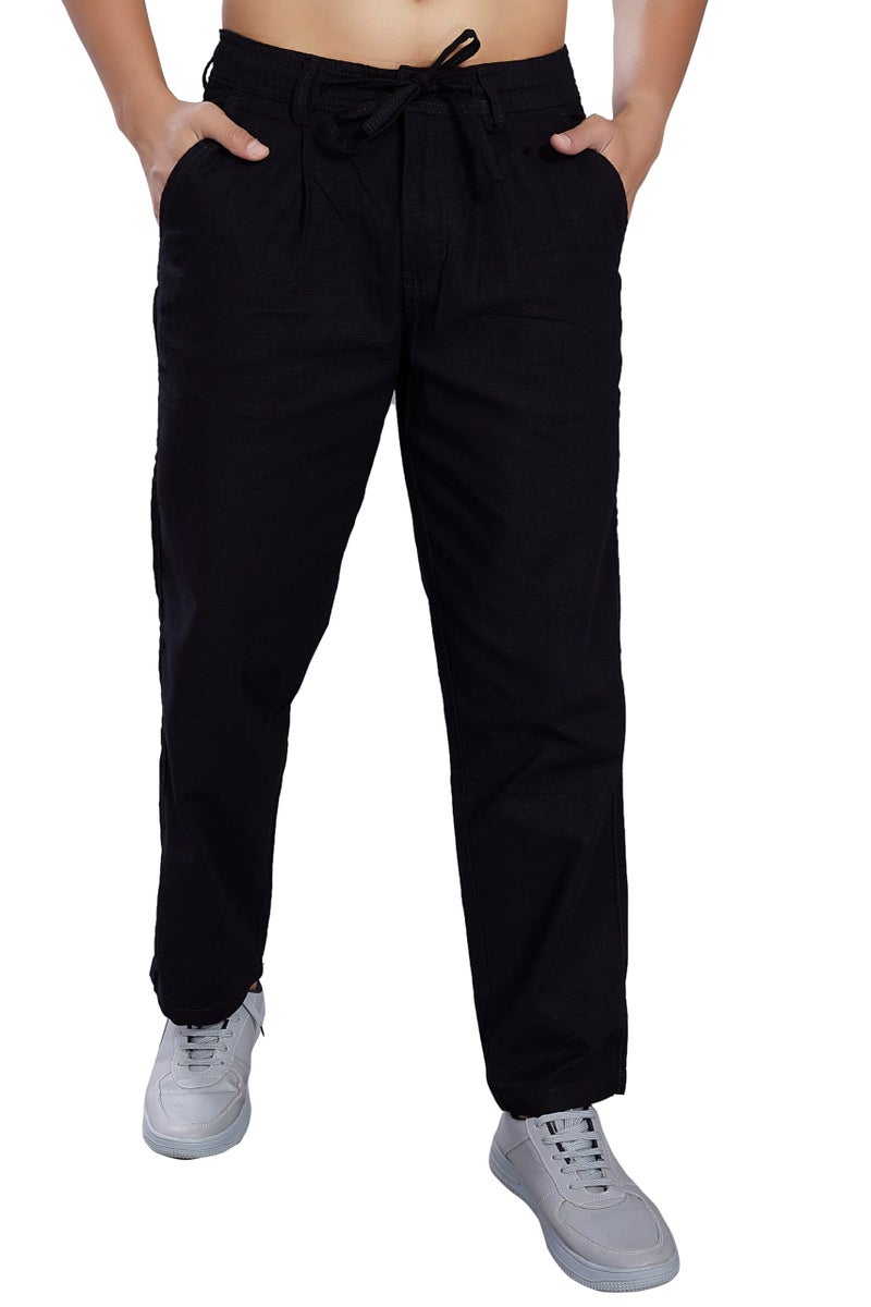 DIVISIVE Men's Relaxed Fit Front Pleated Cotton Linen Blend Trousers (DPT32_34_Black) - Image 1