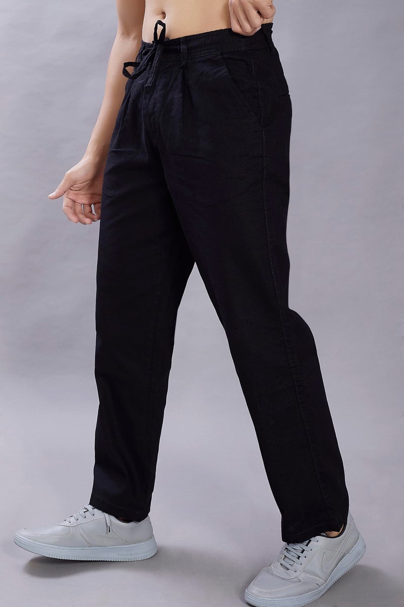 DIVISIVE Men's Relaxed Fit Front Pleated Cotton Linen Blend Trousers (DPT32_34_Black) - Image 4