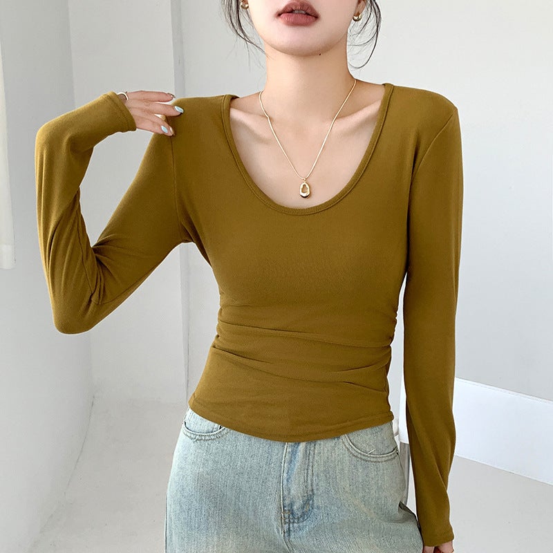Coconut Fiber Large U-Neck Base Layer Autumn/Winter Brushed Inner T-Shirt Long Sleeve Waist-Controlled Slim Fit Wrinkle Cover Top