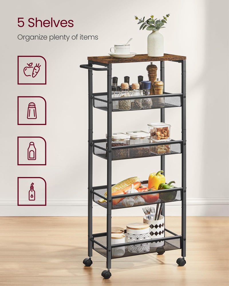 VASAGLE Slim Rolling Cart, 5-Tier Storage Cart, Narrow Cart with Handle, 8.7 Inches Deep, Metal Frame, for Kitchen, Dining Room, Living Room, Home Office, Rustic Brown and Classic Black ULRC035B01 - Image 4