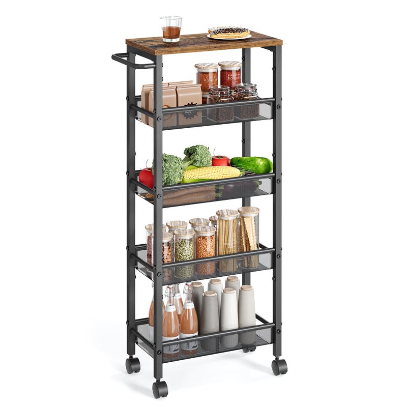 VASAGLE Slim Rolling Cart, 5-Tier Storage Cart, Narrow Cart with Handle, 8.7 Inches Deep, Metal Frame, for Kitchen, Dining Room, Living Room, Home Office, Rustic Brown and Classic Black ULRC035B01 - Image 1