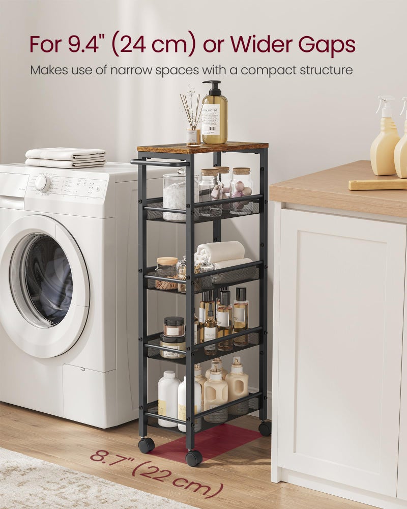 VASAGLE Slim Rolling Cart, 5-Tier Storage Cart, Narrow Cart with Handle, 8.7 Inches Deep, Metal Frame, for Kitchen, Dining Room, Living Room, Home Office, Rustic Brown and Classic Black ULRC035B01 - Image 3
