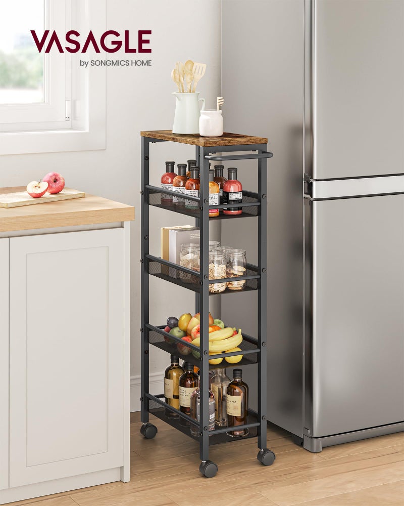 VASAGLE Slim Rolling Cart, 5-Tier Storage Cart, Narrow Cart with Handle, 8.7 Inches Deep, Metal Frame, for Kitchen, Dining Room, Living Room, Home Office, Rustic Brown and Classic Black ULRC035B01 - Image 2