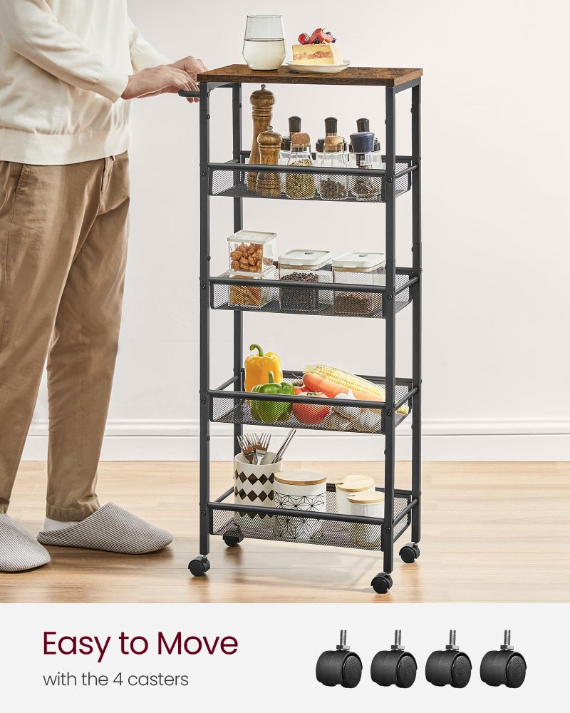 VASAGLE Slim Rolling Cart, 5-Tier Storage Cart, Narrow Cart with Handle, 8.7 Inches Deep, Metal Frame, for Kitchen, Dining Room, Living Room, Home Office, Rustic Brown and Classic Black ULRC035B01 - Image 5