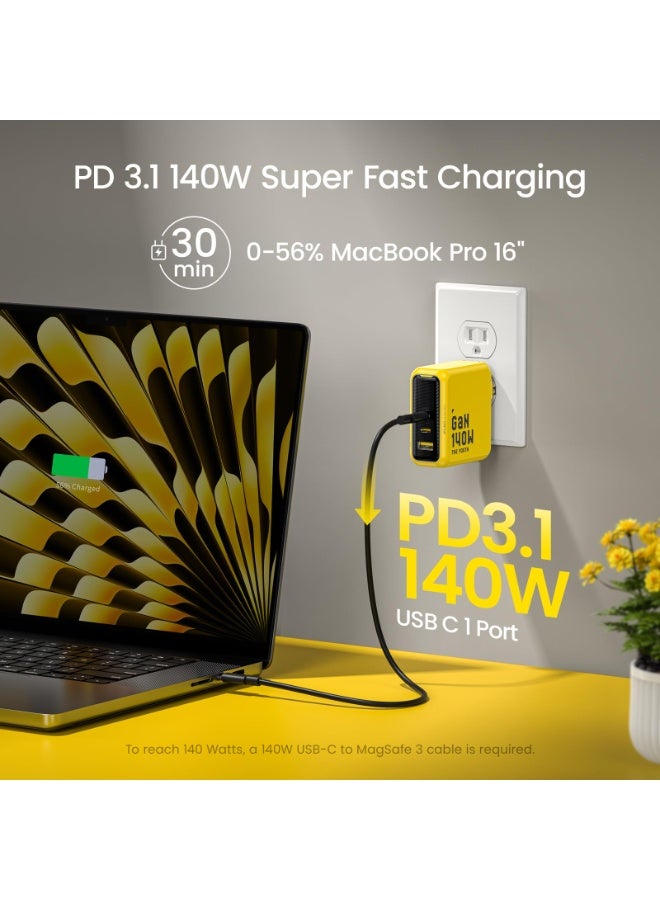 AOHI Youth 140W USB-C GaN+ Fast Charger, 3-Port PD3.1 PPS Wall Charger with UK Plug, 100W Laptop Charger Power Adapter for MacBook Pro 16'', Dell XPS, iPhone 17 Pro Max, iPad Pro, Chromebook, Tablet (Yellow/Black) - Image 2