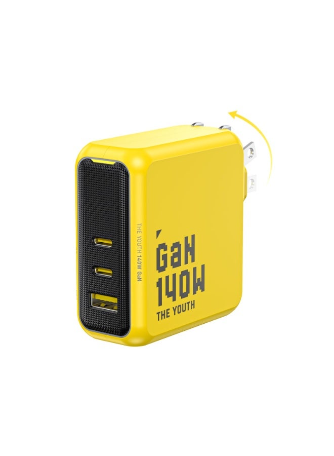 AOHI Youth 140W USB-C GaN+ Fast Charger, 3-Port PD3.1 PPS Wall Charger with UK Plug, 100W Laptop Charger Power Adapter for MacBook Pro 16'', Dell XPS, iPhone 17 Pro Max, iPad Pro, Chromebook, Tablet (Yellow/Black)