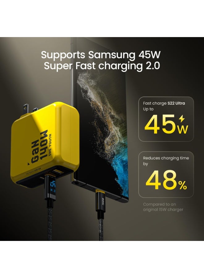 AOHI Youth 140W USB-C GaN+ Fast Charger, 3-Port PD3.1 PPS Wall Charger with UK Plug, 100W Laptop Charger Power Adapter for MacBook Pro 16'', Dell XPS, iPhone 17 Pro Max, iPad Pro, Chromebook, Tablet (Yellow/Black) - Image 4