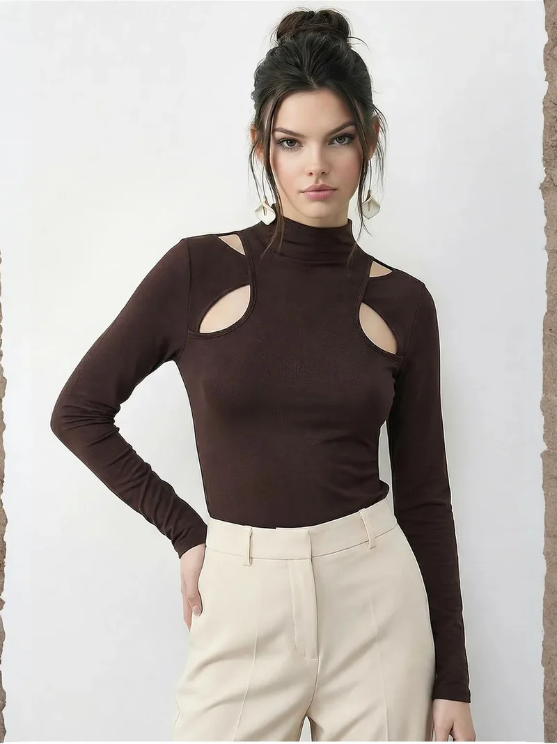Bianco Lucci LUCCI Slim Fit Half Turtleneck Cut Out Blouse
