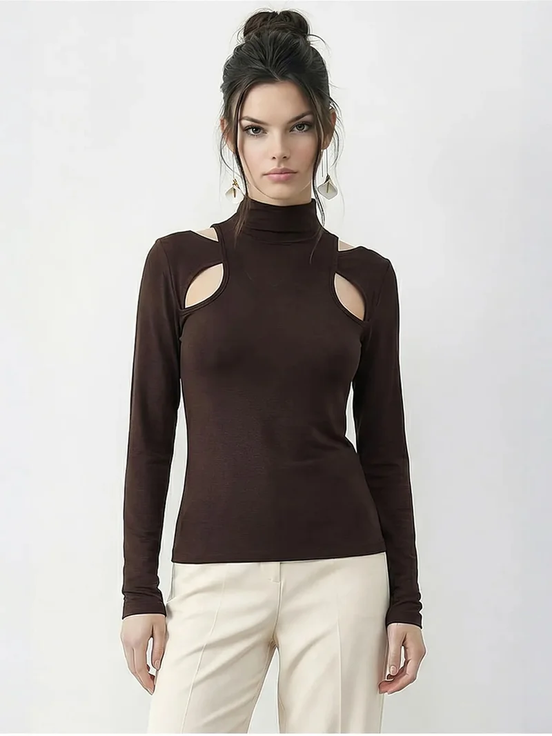 Bianco Lucci LUCCI Slim Fit Half Turtleneck Cut Out Blouse