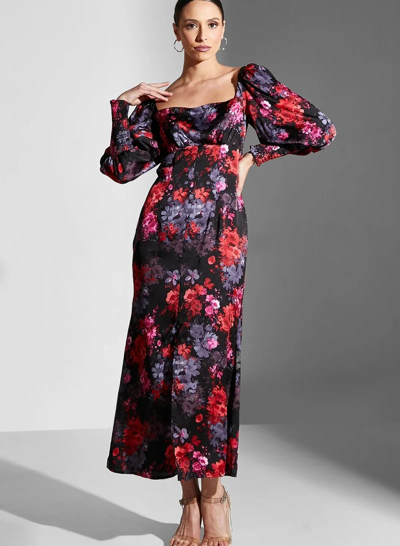 Chi-Chi London Puff Sleeve Front Slit Floral Dress